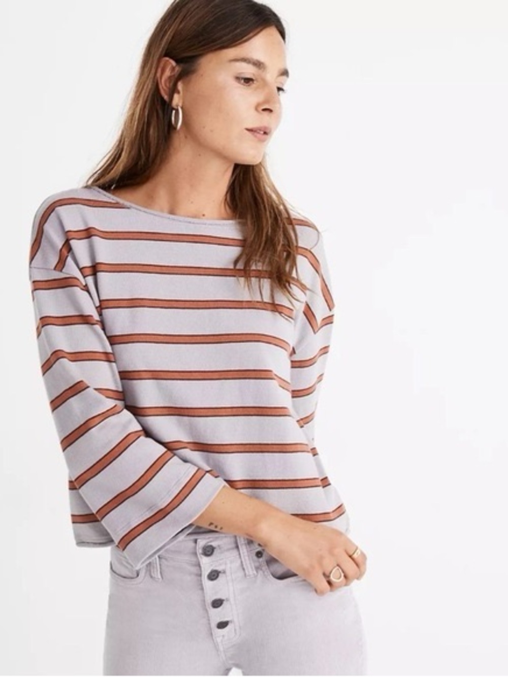 Madewell Lavender Boatneck Top with Rust Stripes